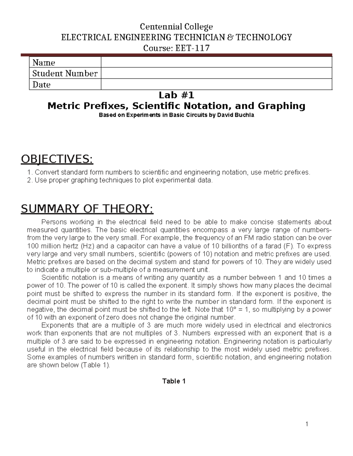 EET-117 Lab 1 - Metric Prefixes, Scientific Notation & Graphing - Studocu