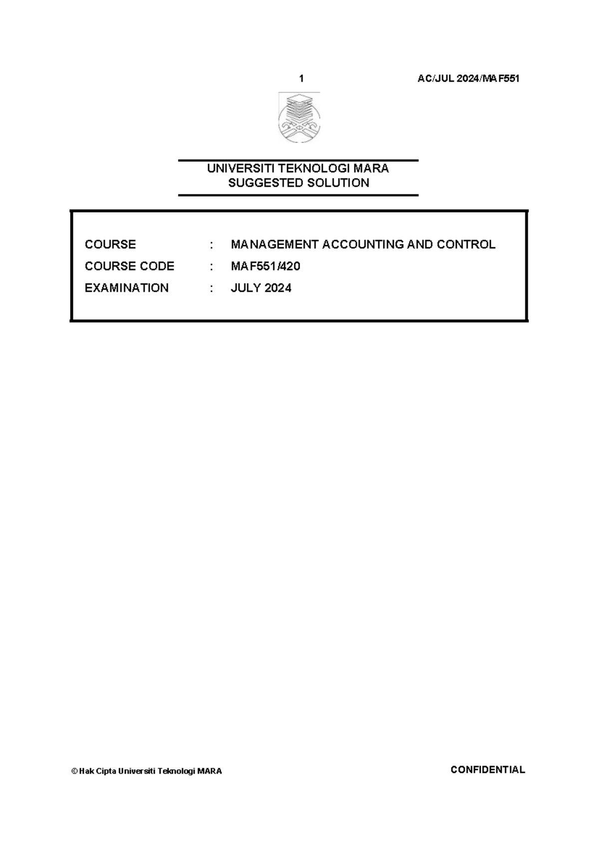 SS MAF551 MANAGEMENT ACCOUNTING AND CONTROL - JULY 2024 Suggested ...