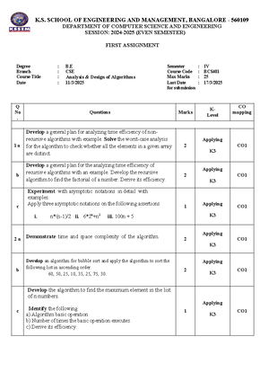 BCS401 Fourth Sem Exam 2024: Analysis & Design of Algorithms - Studocu