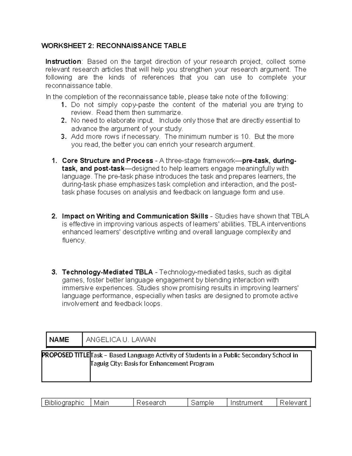 Worksheet 2: Reconnaissance Table for Task-Based Language Activities ...