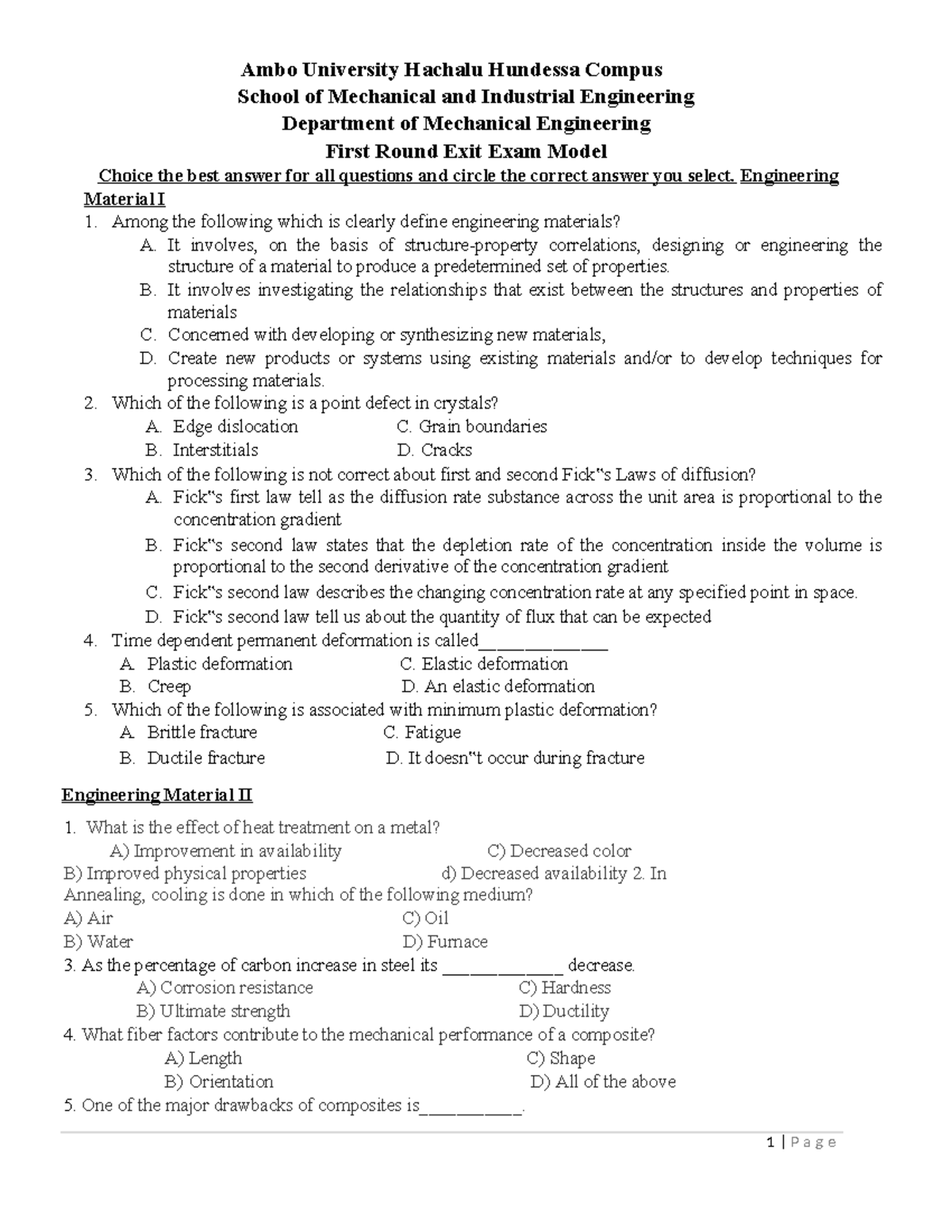 First Round Model Exam Questions for Engineering Materials I & II ...