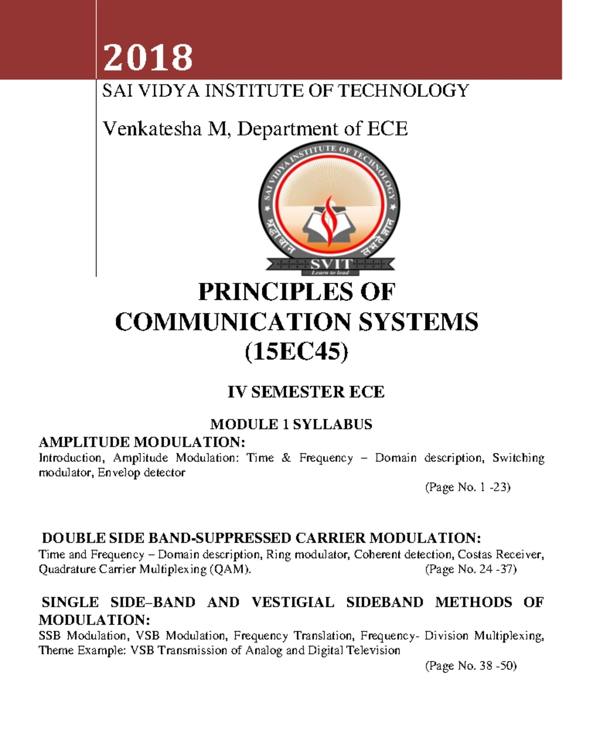 Module 2 Syllabus: Principles of Communication Systems (15EC45) - Studocu