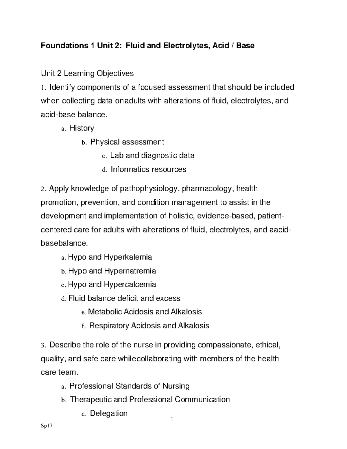 Foundations 1 Unit 2 Study Guide: Fluid & Electrolytes, Acid-Base ...