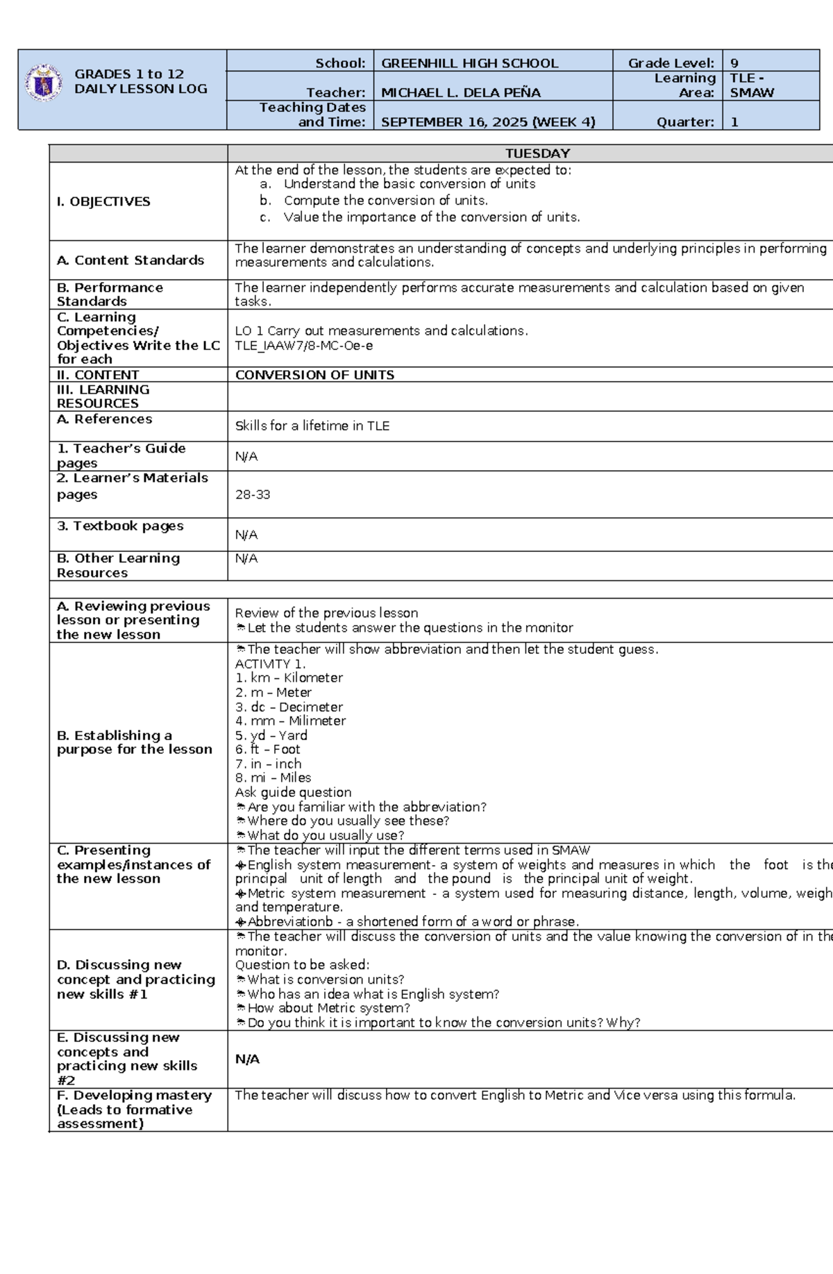 Q2 W4 D2 - Daily Lesson Log on Unit Conversion in TLE SMAW - Studocu
