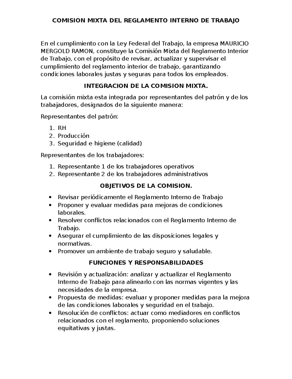 Comision Mixta DEL Reglamento Interno DE Trabajo - COMISION MIXTA DEL ...