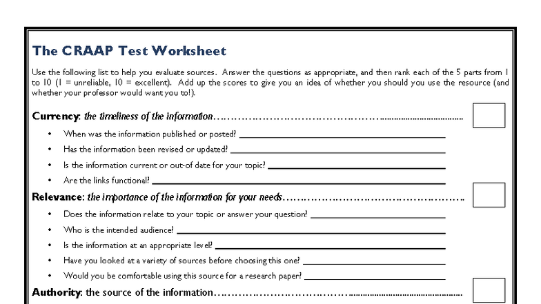 CRAAP Test Worksheet Evaluation Guide for Research Sources - Studocu