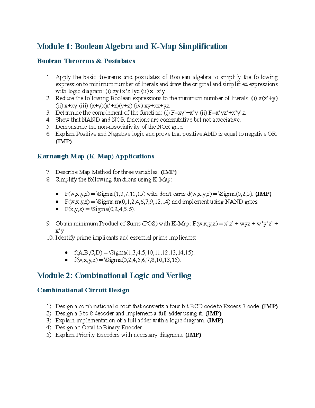 DDCO Pyq Module Wise: Boolean Algebra, Combinational Logic & Computer ...