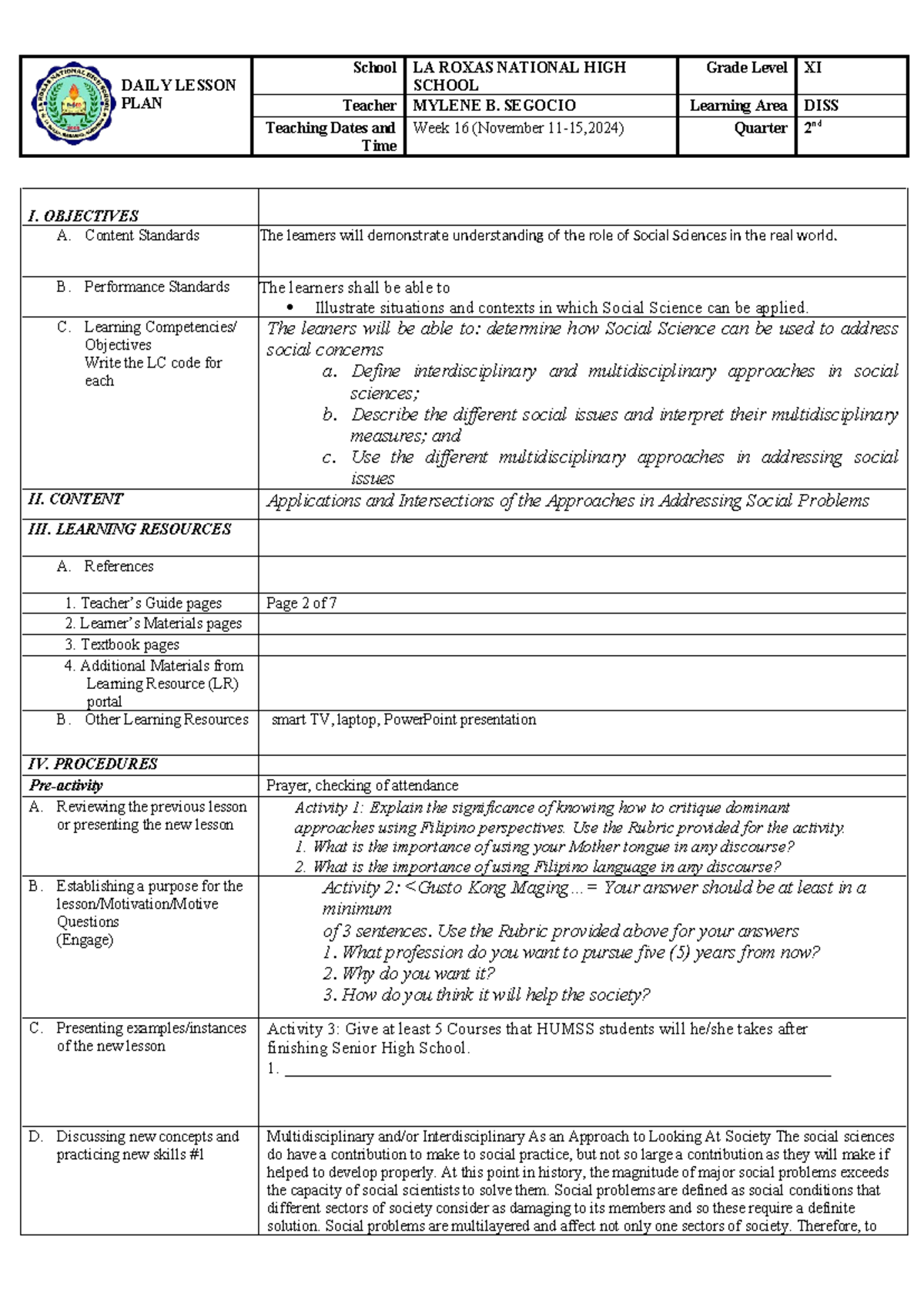 DISS 11 - Lesson Plan for Social Sciences Applications - Studocu