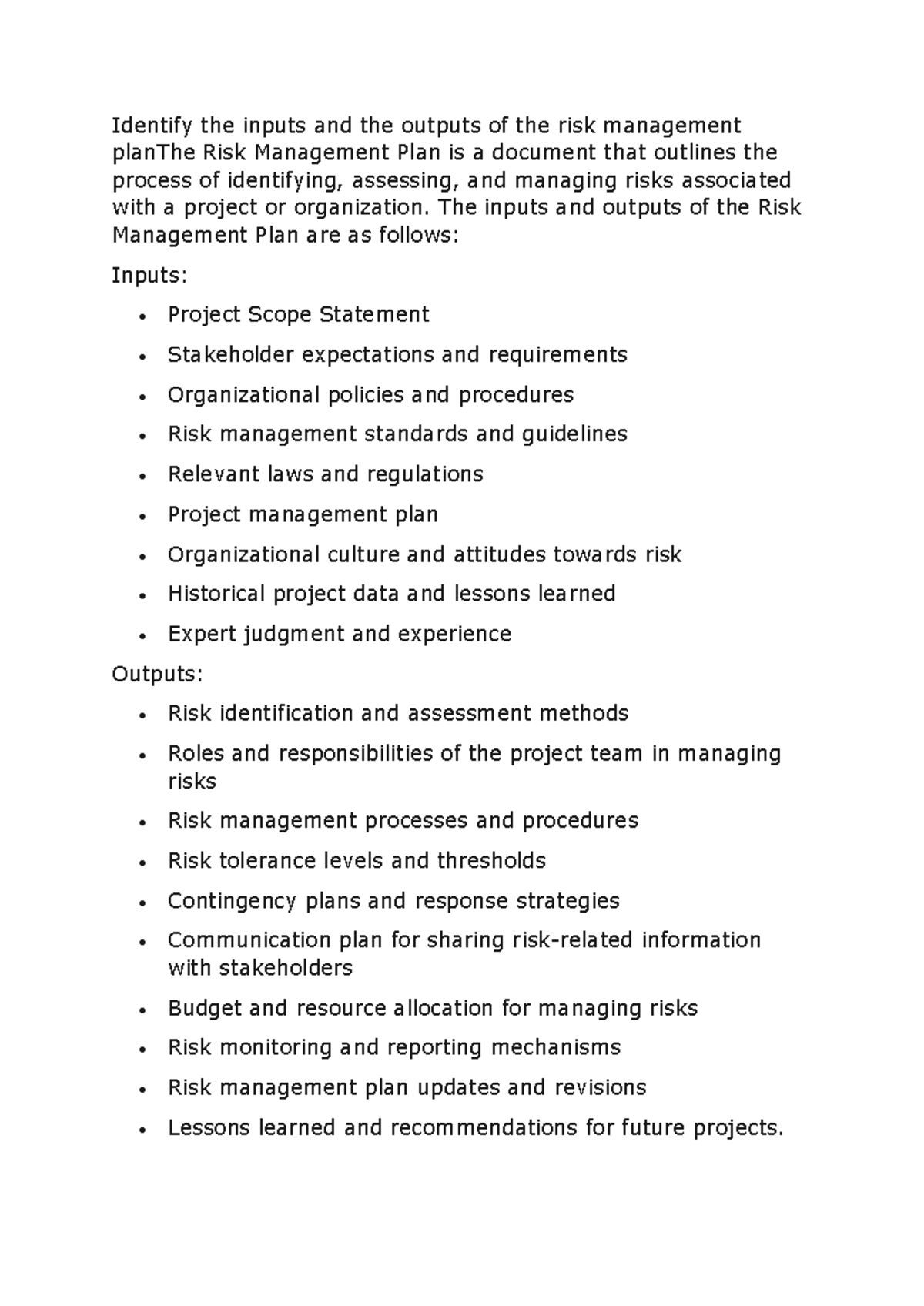Risk scope - risk - Identify the inputs and the outputs of the risk ...