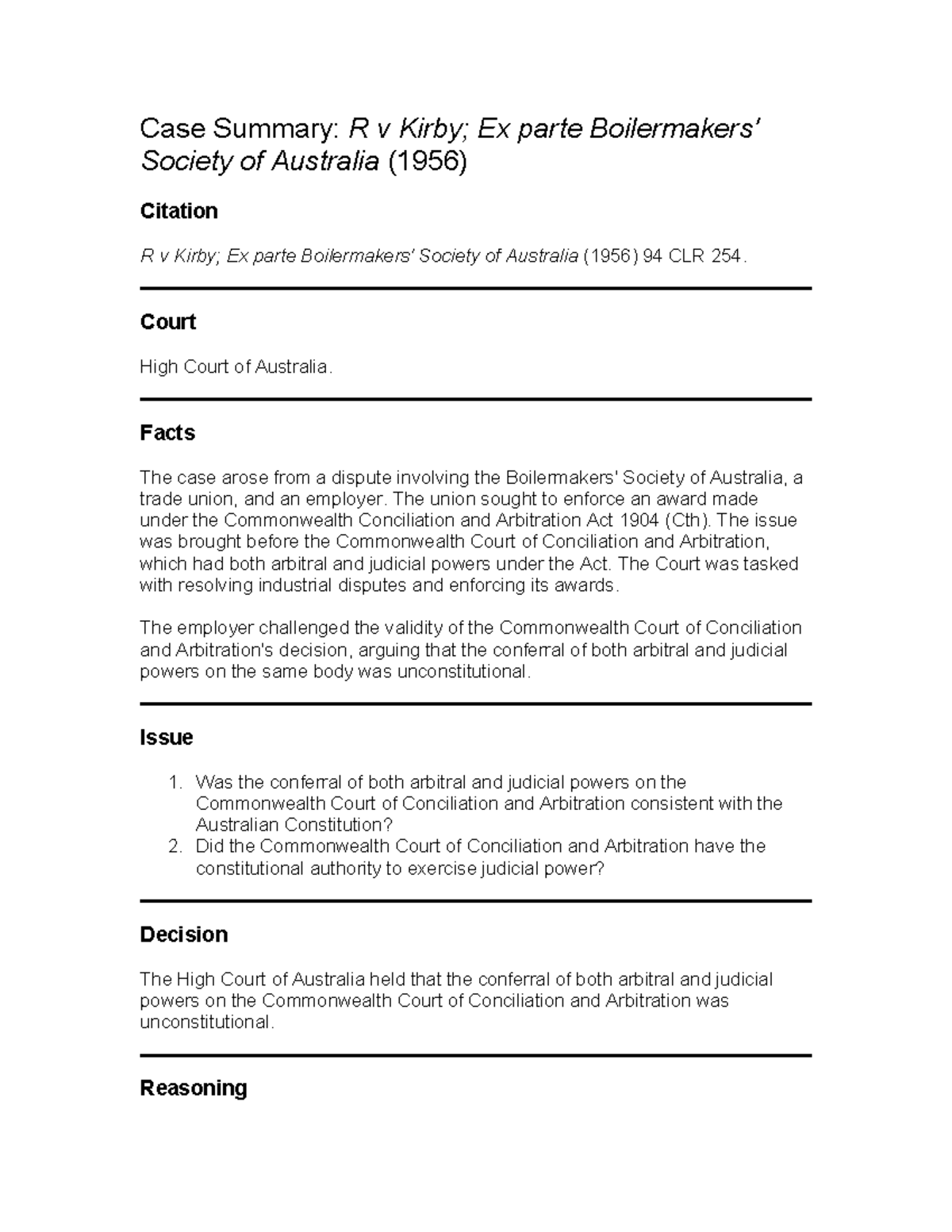 Case Summary: R v Ex parte Society of Australia (1956) - Boilermakers ...