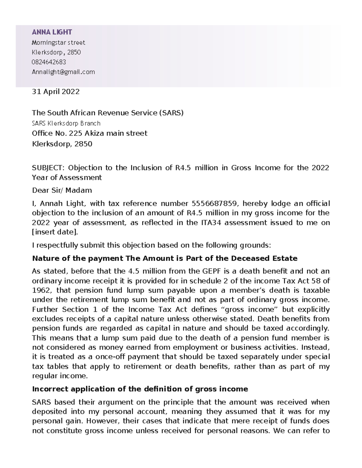 Objection Letter to SARS - Tax Treatment of Deceased Estate Funds - Studocu