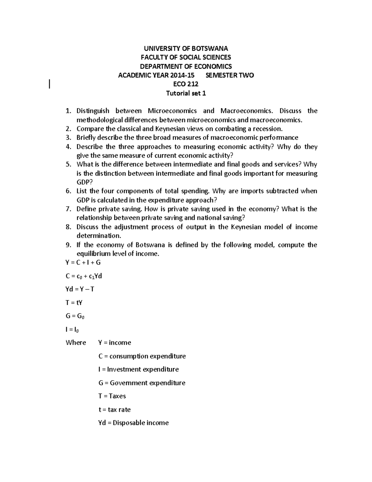 ECO 212 Tutorial Set 1: Key Concepts in Micro & Macroeconomics - Studocu