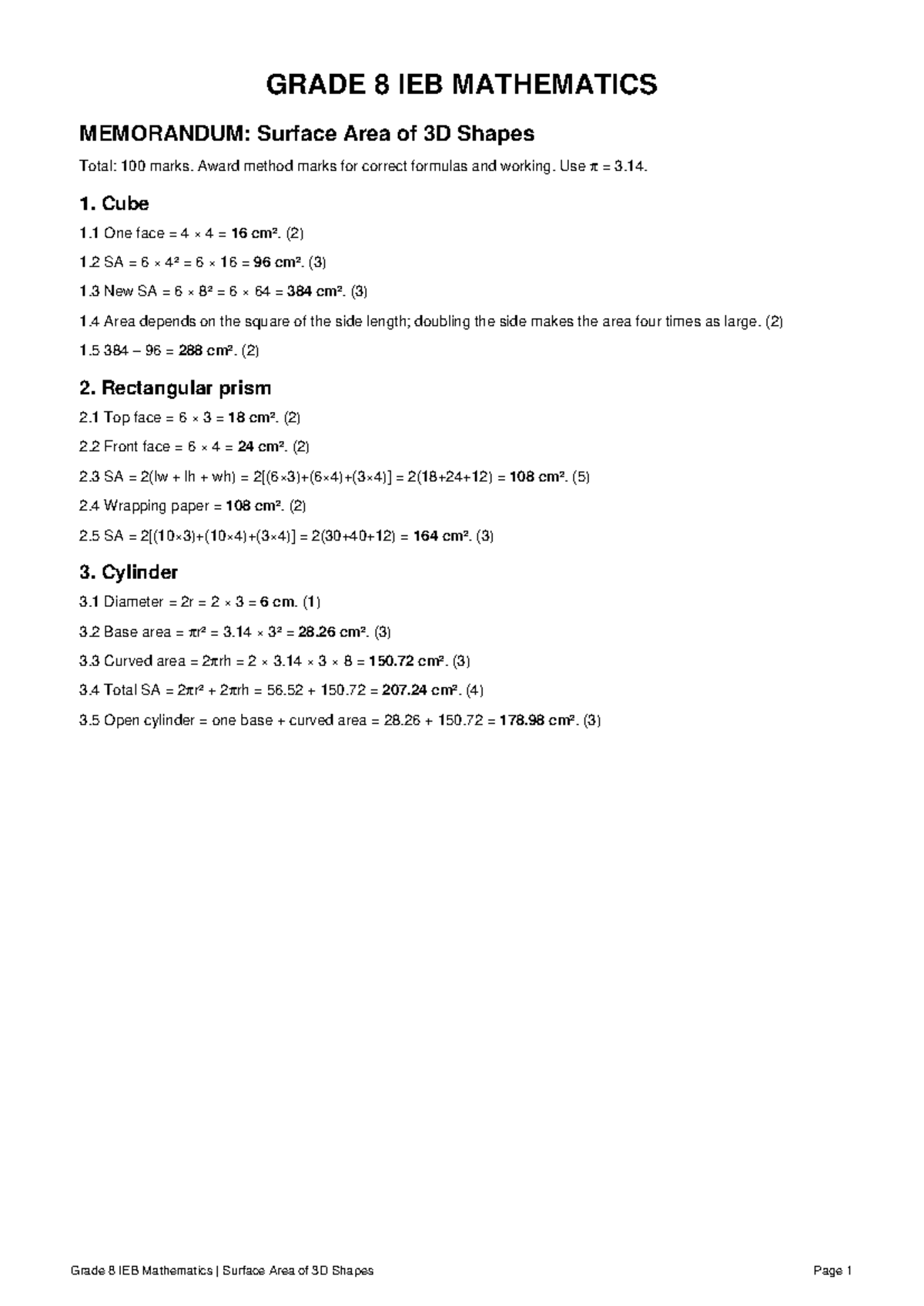 Grade 8 IEB Mathematics: Extended Memorandum on Surface Area of 3D ...