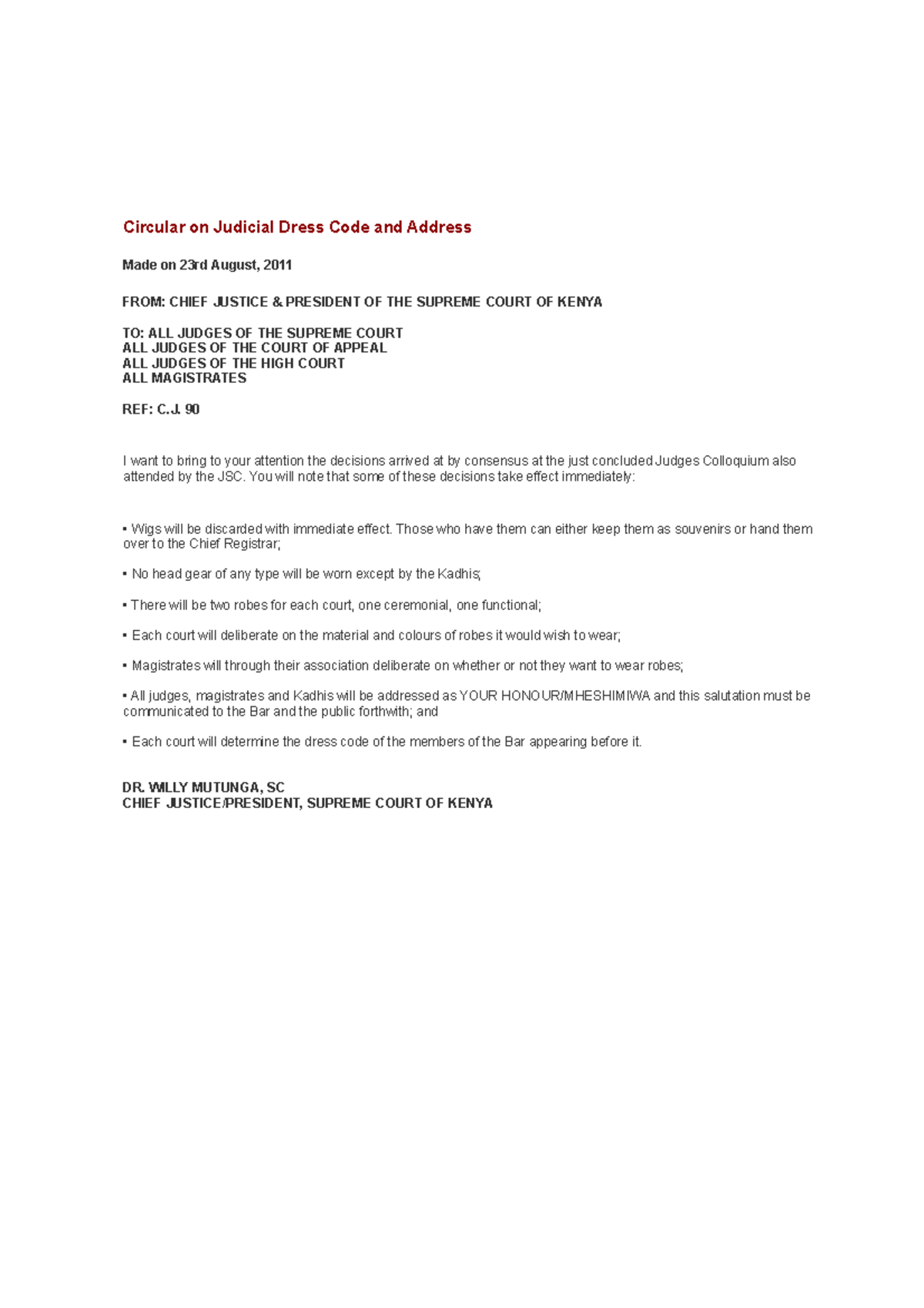 Circular on Judicial Dress Code Guidelines – C.J. 90 - Studocu