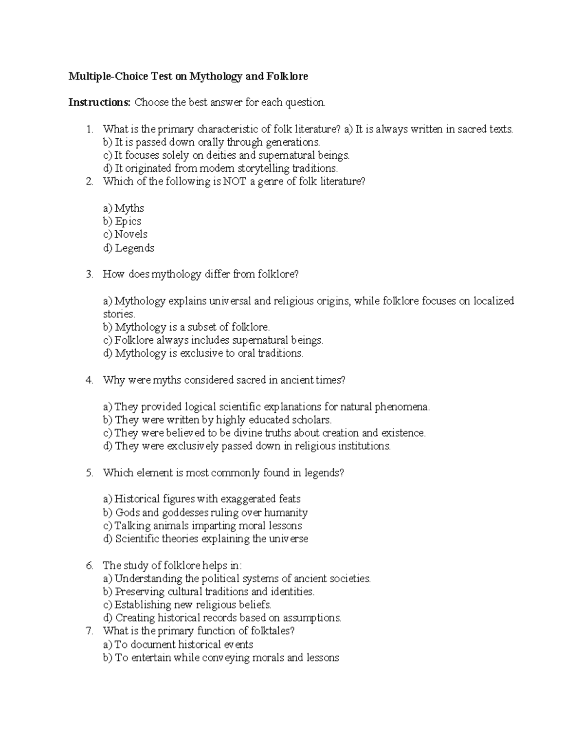 Mythology & Folklore MC Test Overview - MT - Studocu