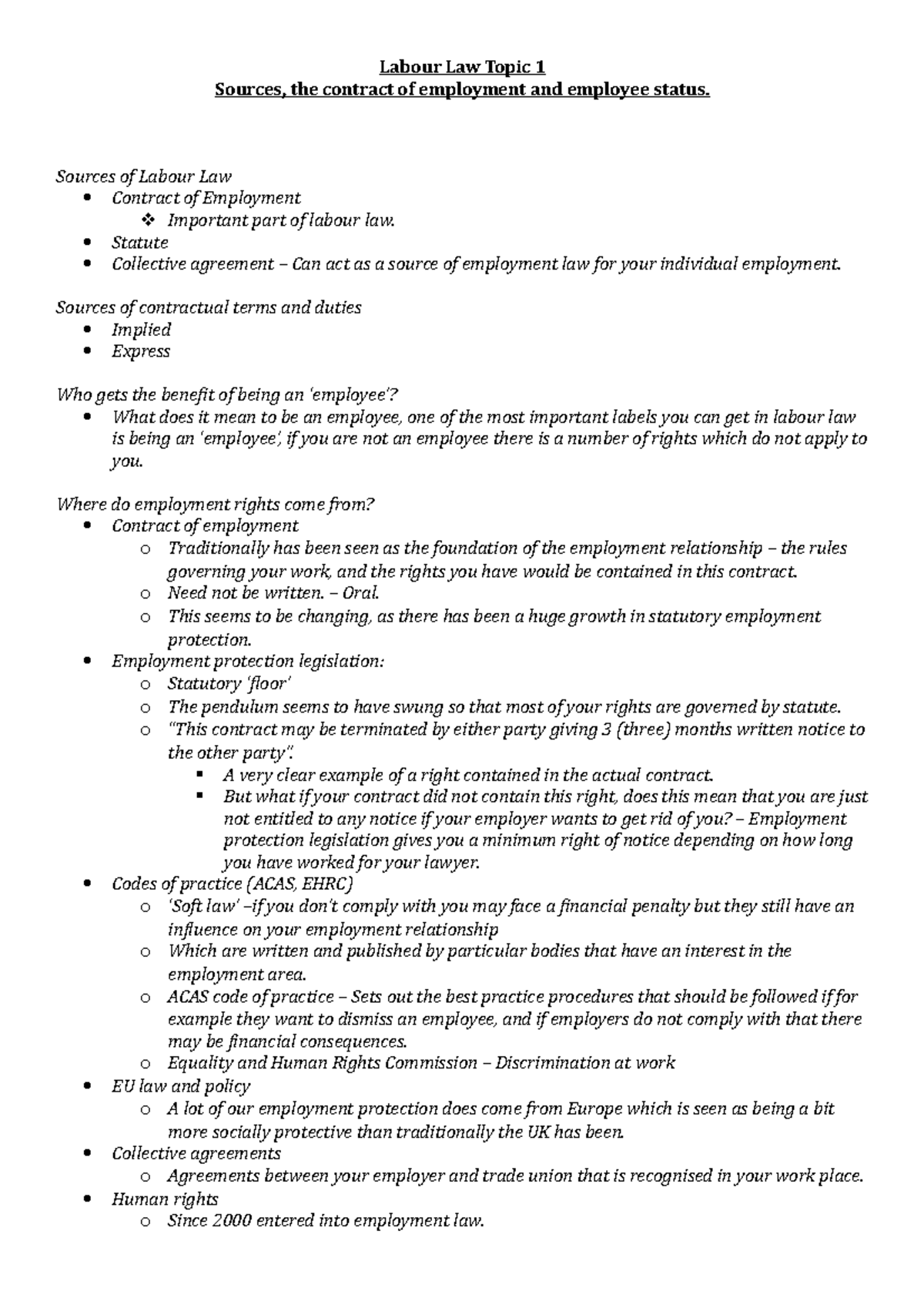 Labour Law Topic 1 - Lecture Notes - Labour Law Topic 1 Sources, the ...