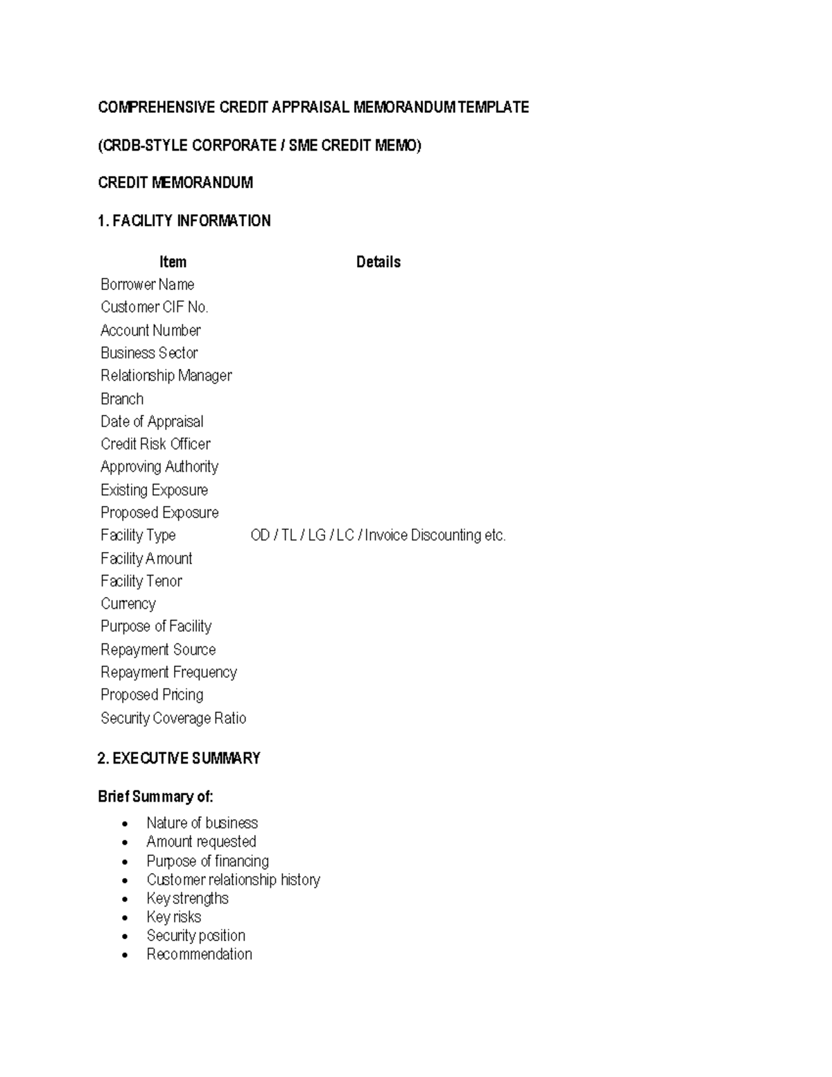 Comprehensive Credit Appraisal Memo Template (Corporate SME Credit Memo ...
