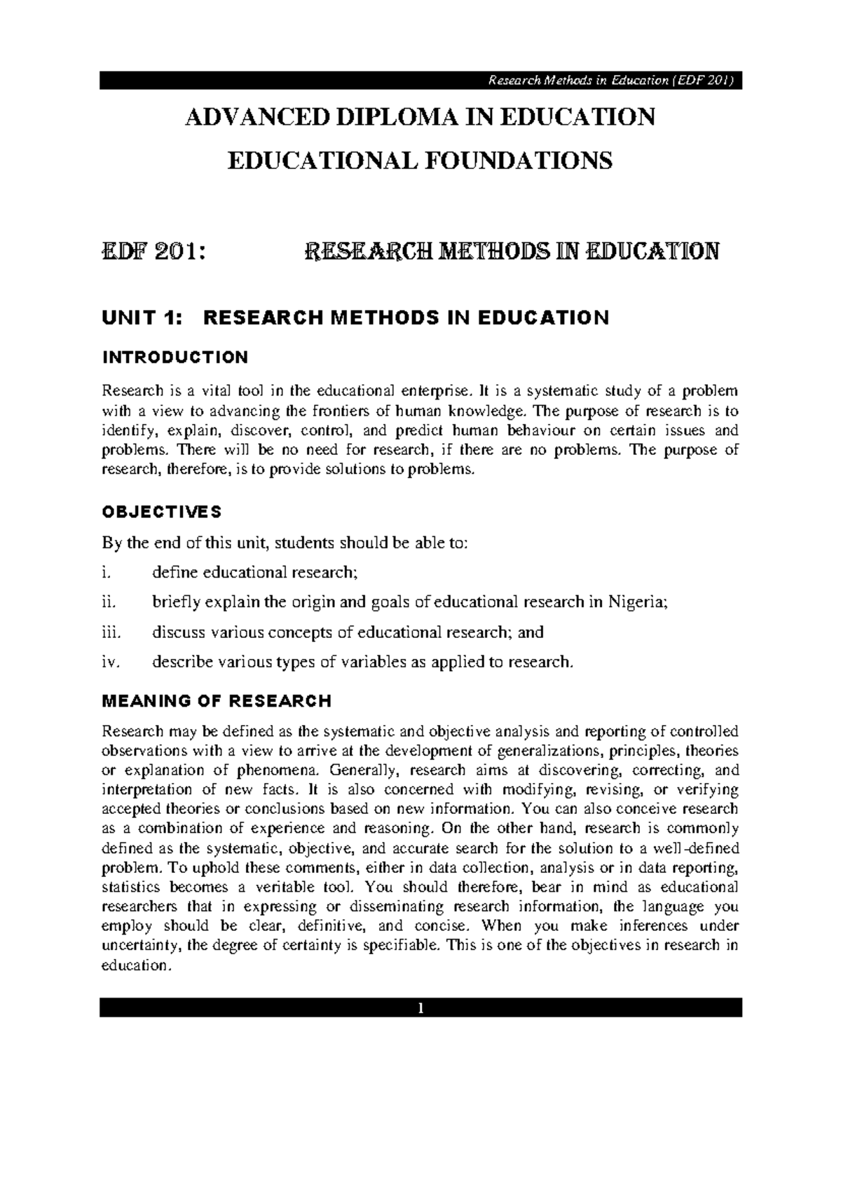 EDF 201: Research Methods in Education - Unit 1 Overview and Concepts ...