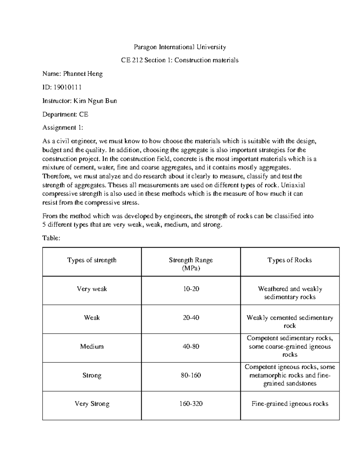 Construction materials A#1 - Paragon International University CE 212 ...