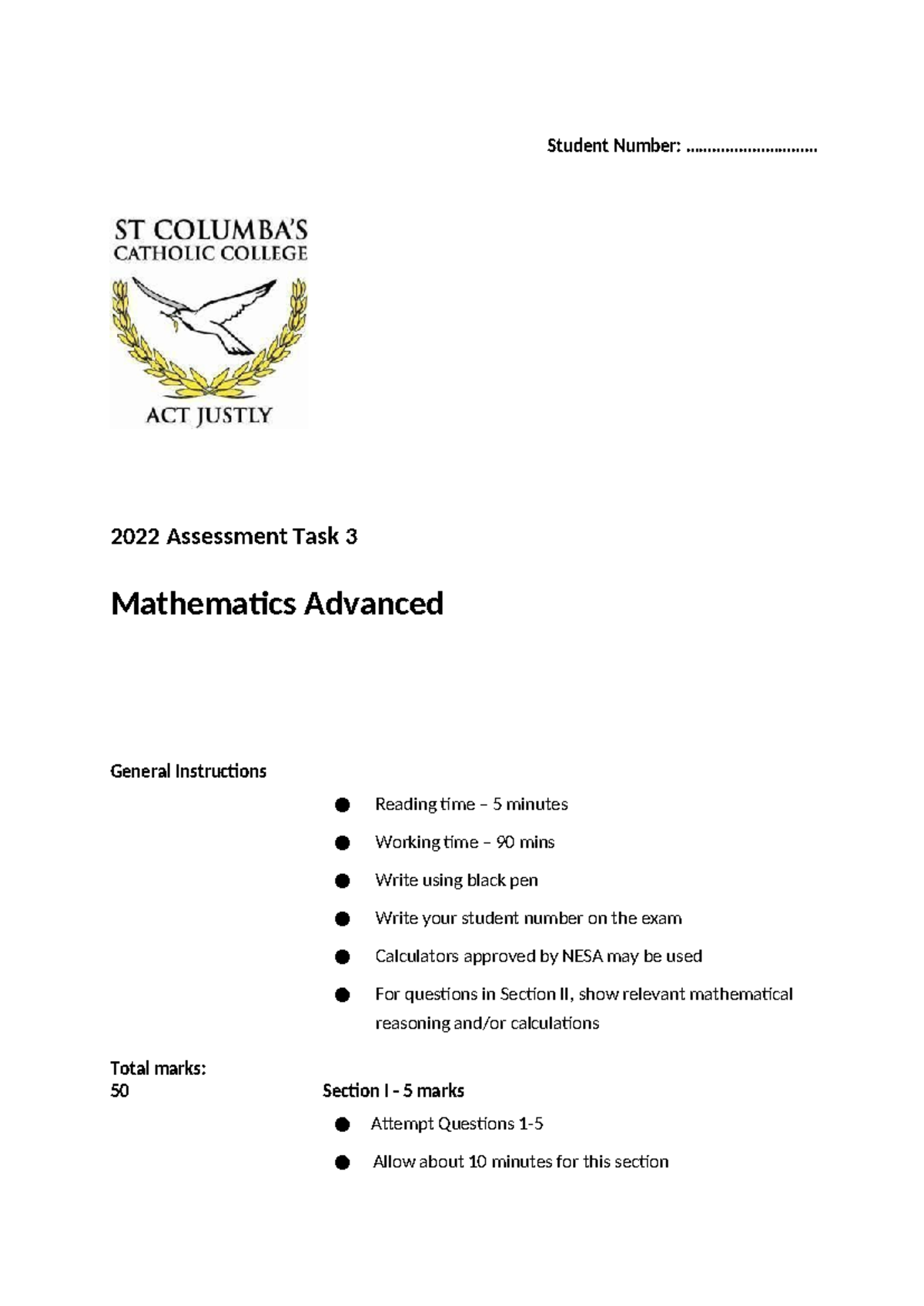2022 Year 11 Mathematics Advanced Assessment Task 3 Exam Guide - Studocu