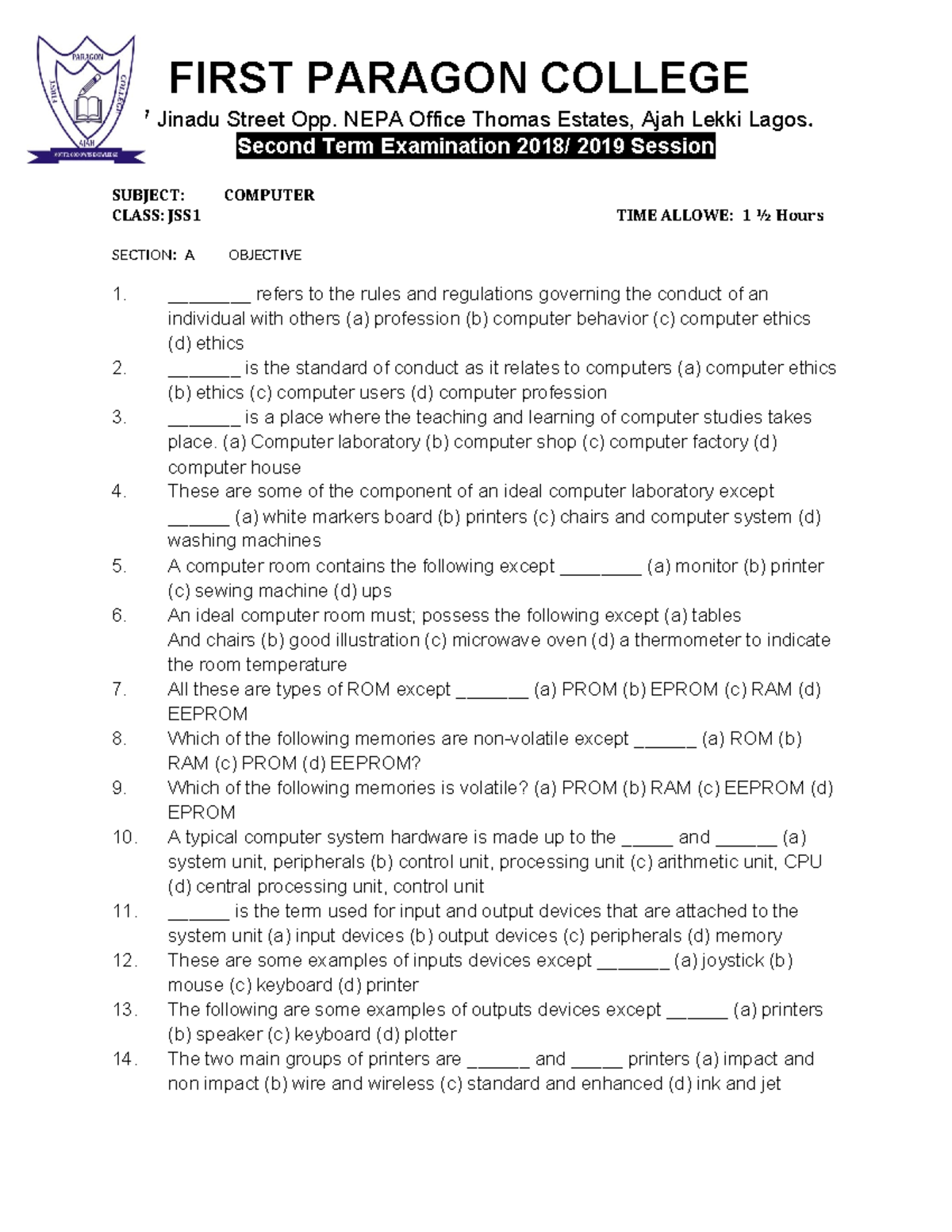 Second Term Examination 2019: JSS1 Computer & Agricultural Science ...