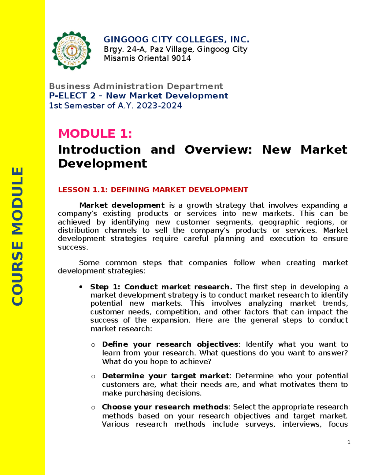 Module 1: Intro to New Market Development - Business Admin 2 - Studocu