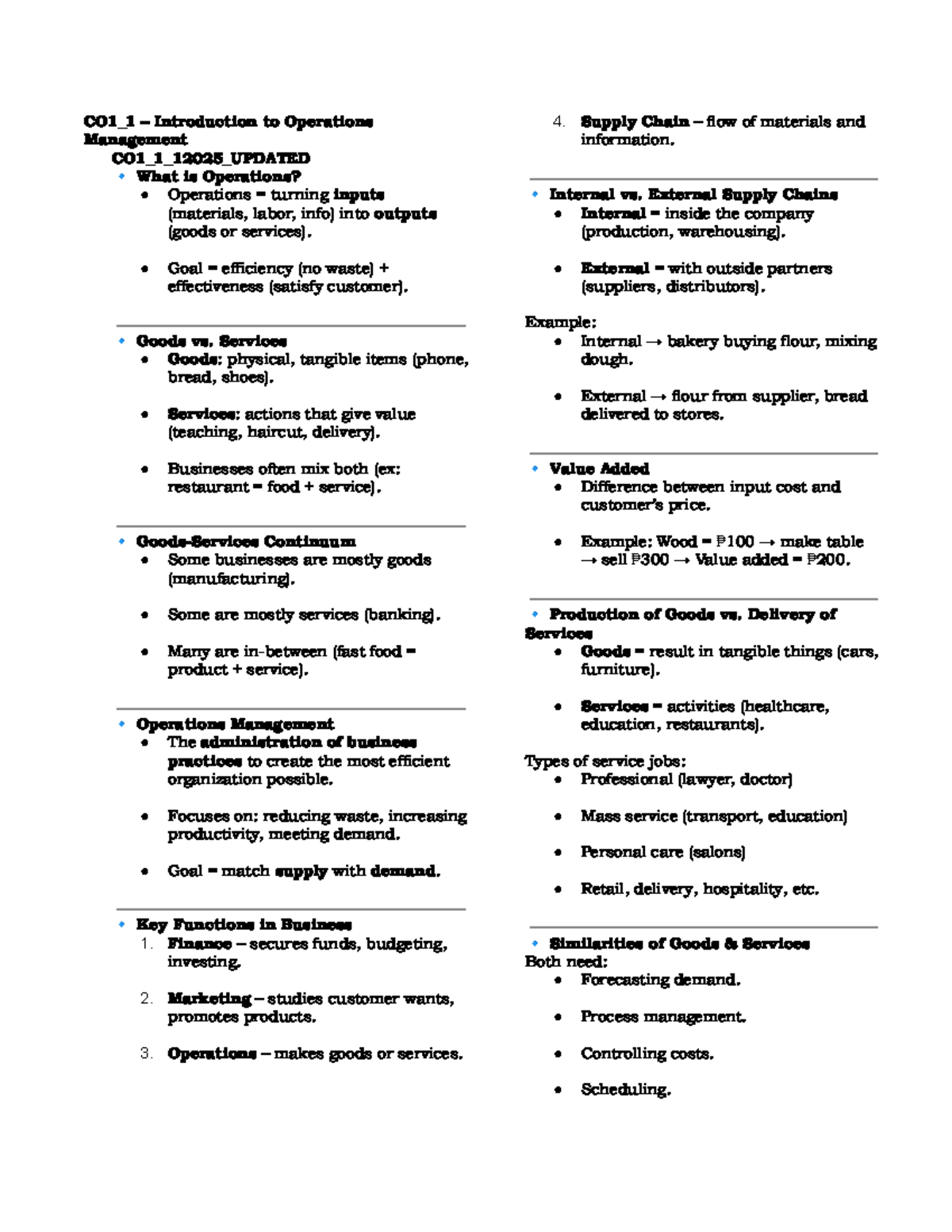 CO1_1 Operations Management Notes: Key Concepts and Tools - Studocu
