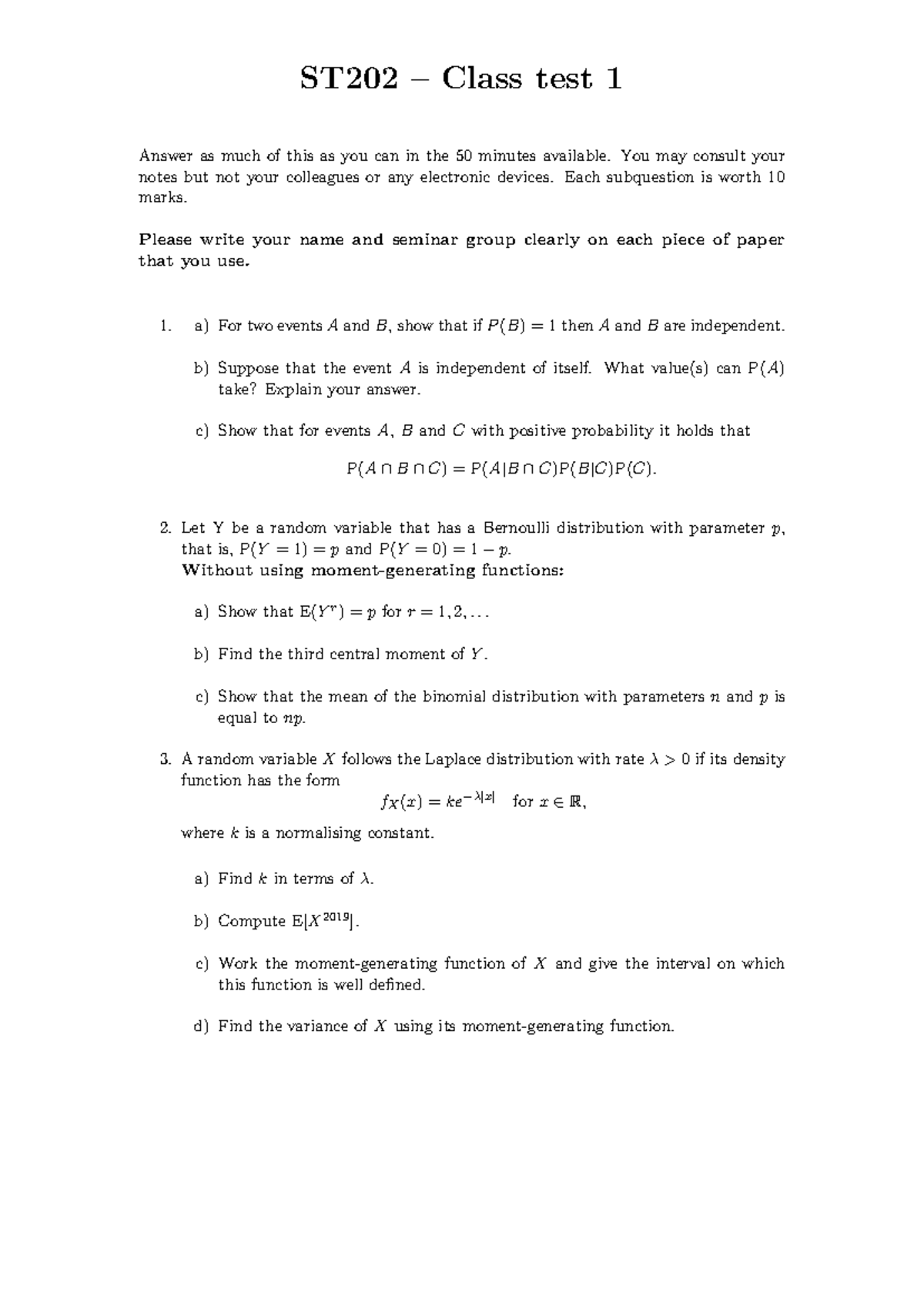 ST202 Class Test 1 - Answers and Key Concepts Explained - Studocu
