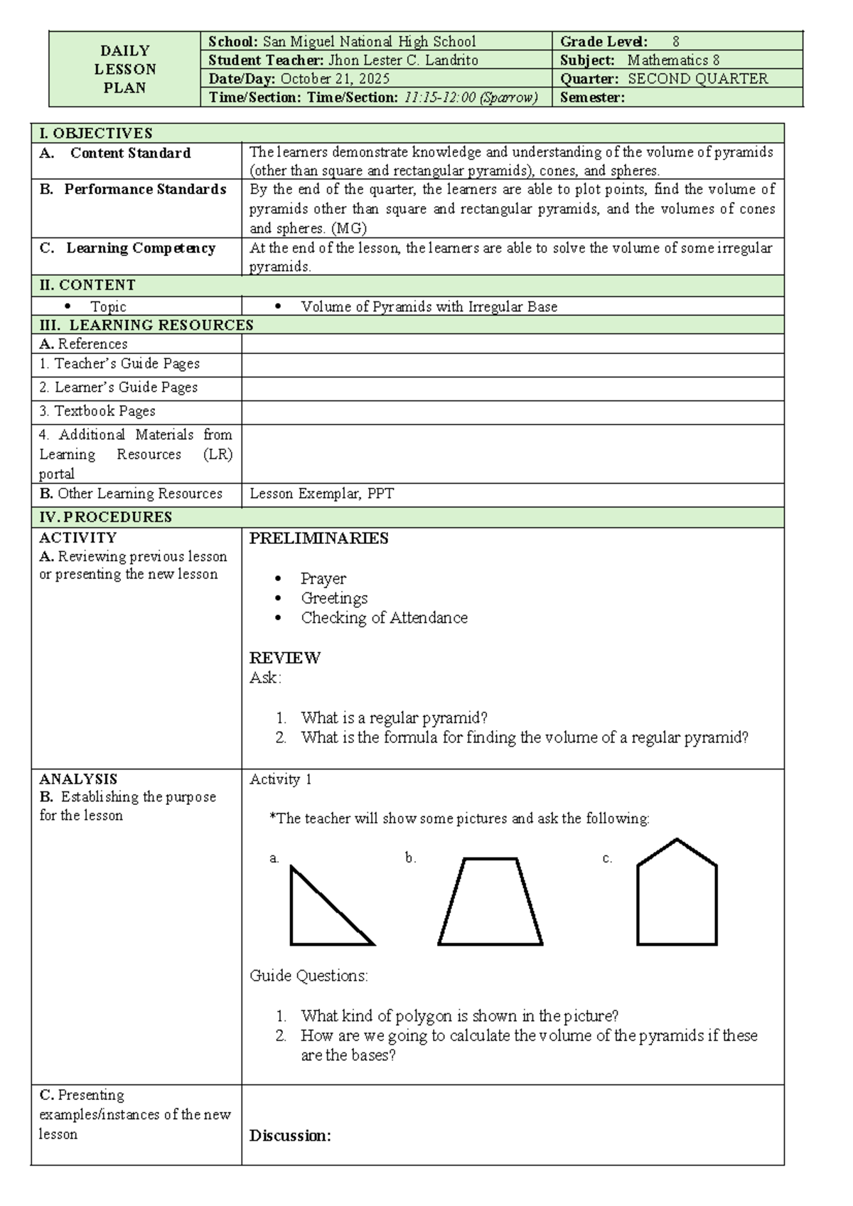 Mathematics 8 Daily Lesson Plan: Volume of Irregular Pyramids - Studocu