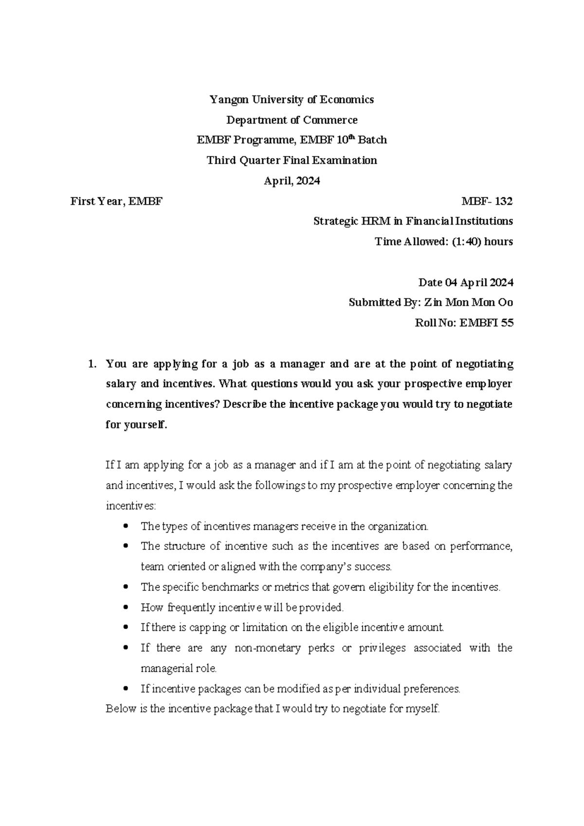 EMBF 55 HRM Final Exam: Job Incentives & Pay-for-Performance Analysis ...