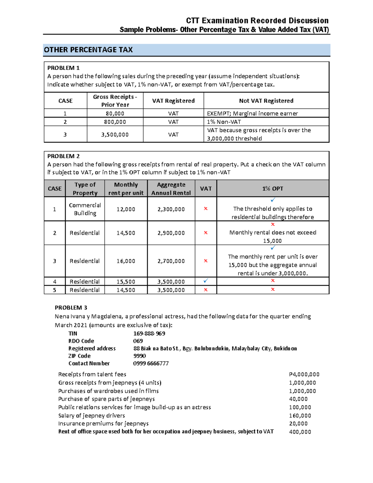 CTT Exam: Other Percentage Tax & VAT Sample Problems Lecture Notes ...
