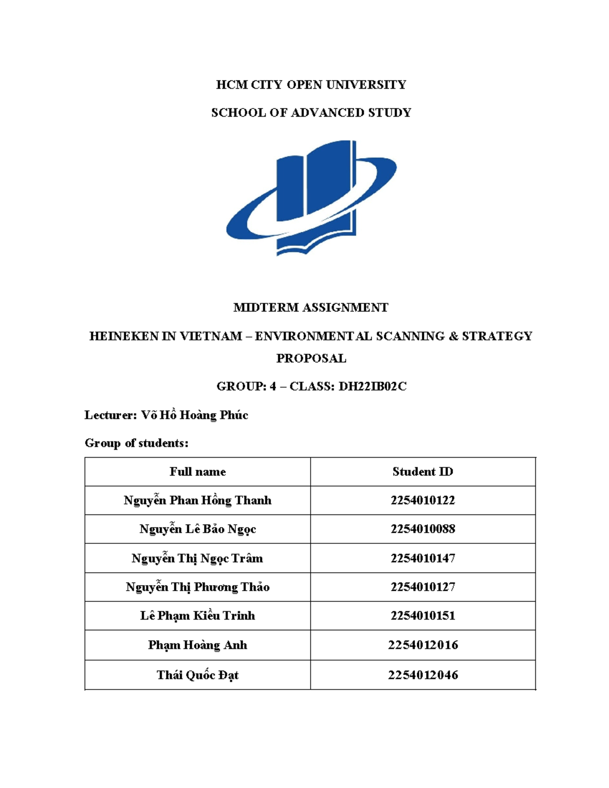 HCM CITY OPEN UNIVERSITY DH22IB02C MIDTERM ASSIGNMENT: HEINEKEN VIETNAM ...
