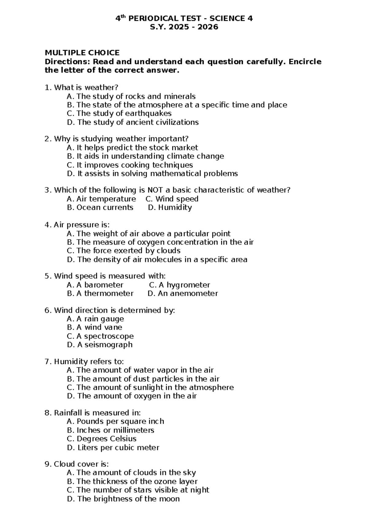 4th Periodical Test Science 4 S.Y. 2025-2026: Multiple Choice Questions ...