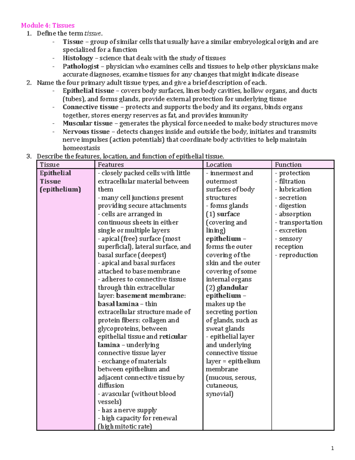 Module 4 - Lecture Notes on Tissues and Their Functions - Studocu