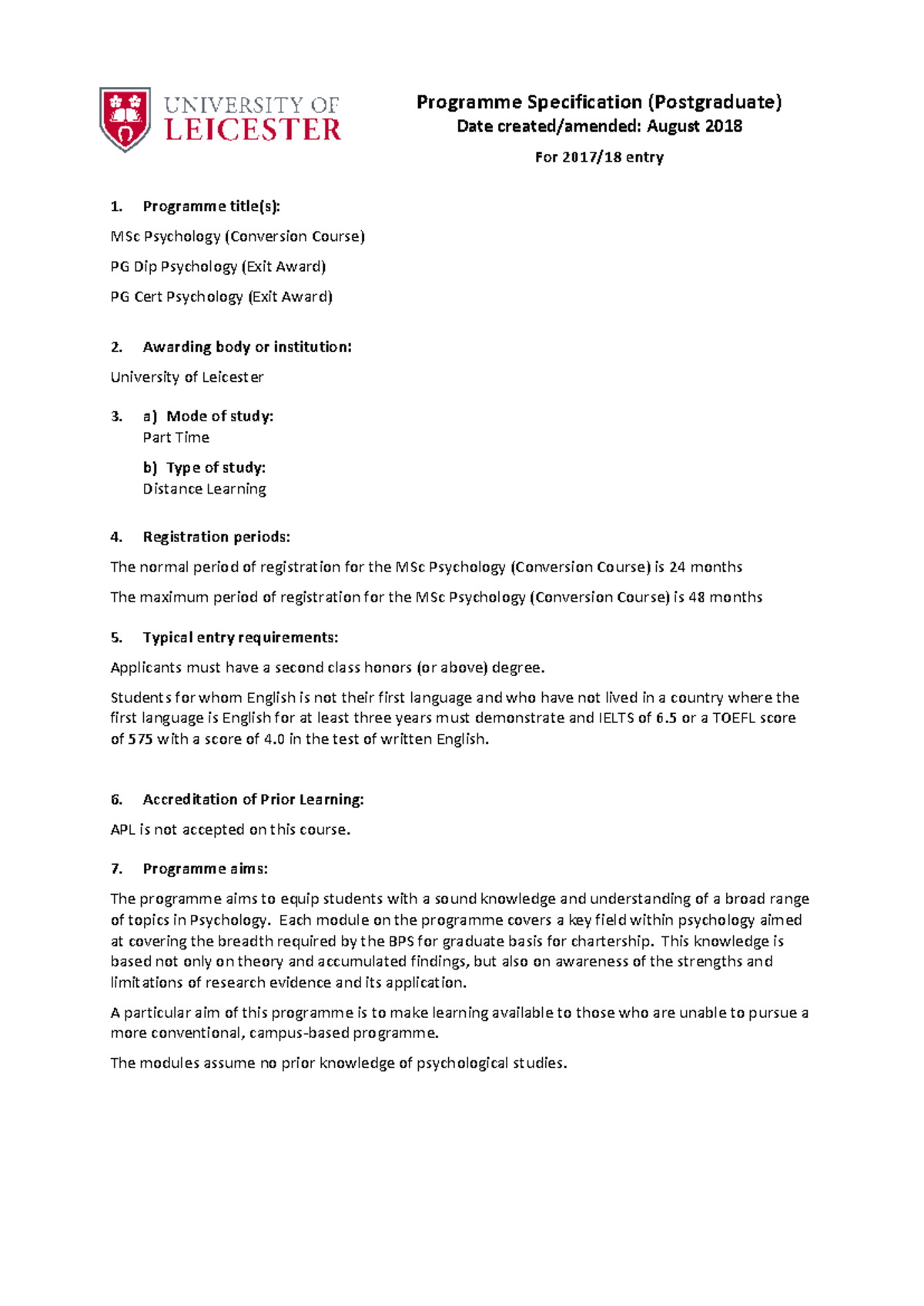 MSc Psychology (Conversion Course) Distance Learning Programme Overview ...