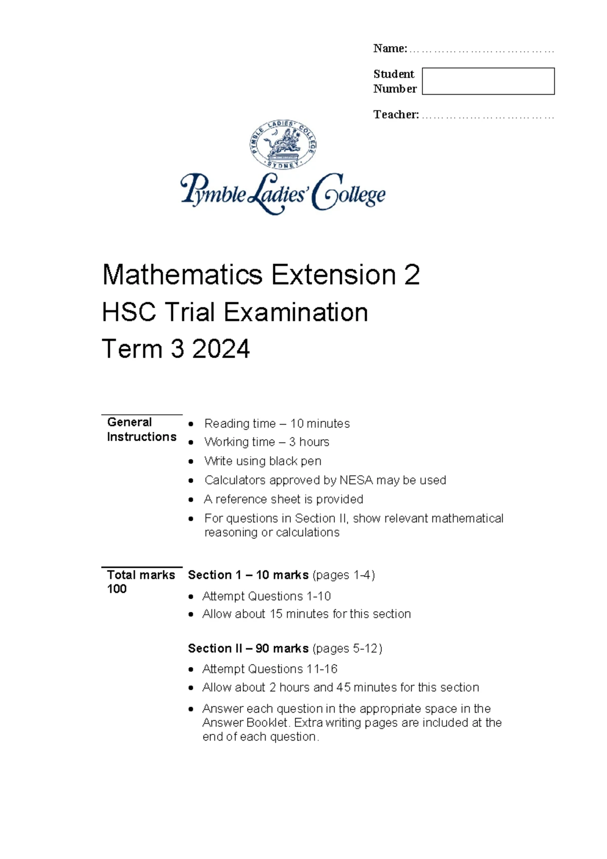 Maths Extension 2 - questions - 2025 HIGHER SCHOOL CERTIFICATE ...