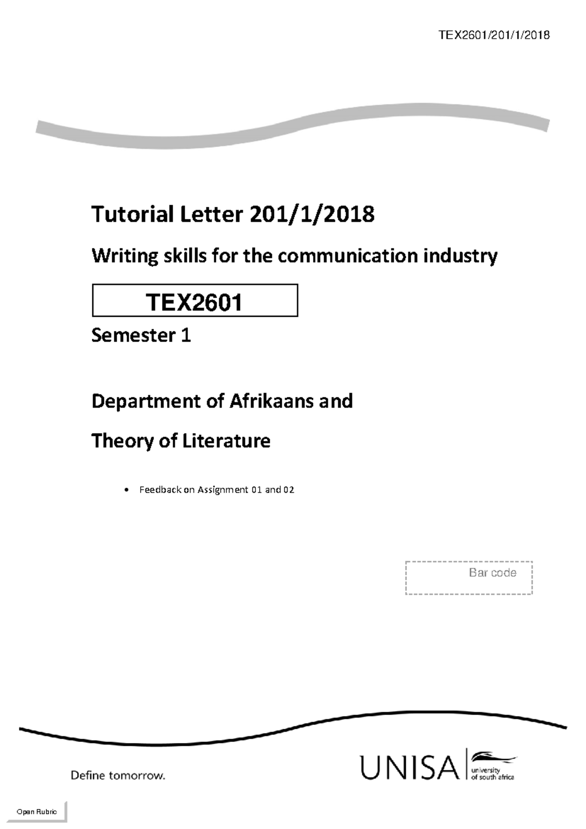 TEX2601/201/1: Tutorial Letter on Writing Skills & Assignments Feedback ...