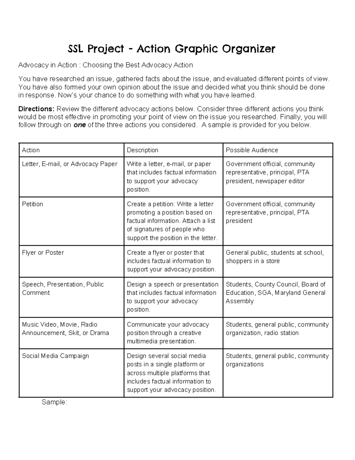 SSL Health Project - SSL Project - Action Graphic Organizer Advocacy in ...
