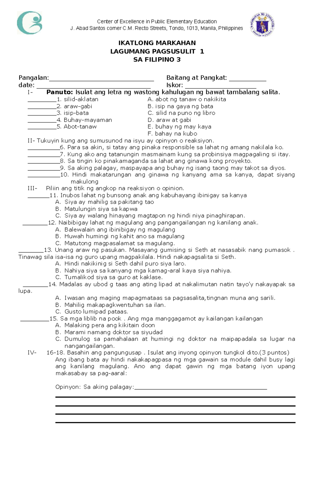 Filipino 3 - Q3 Summative Test 3 with Answer Key - Studocu