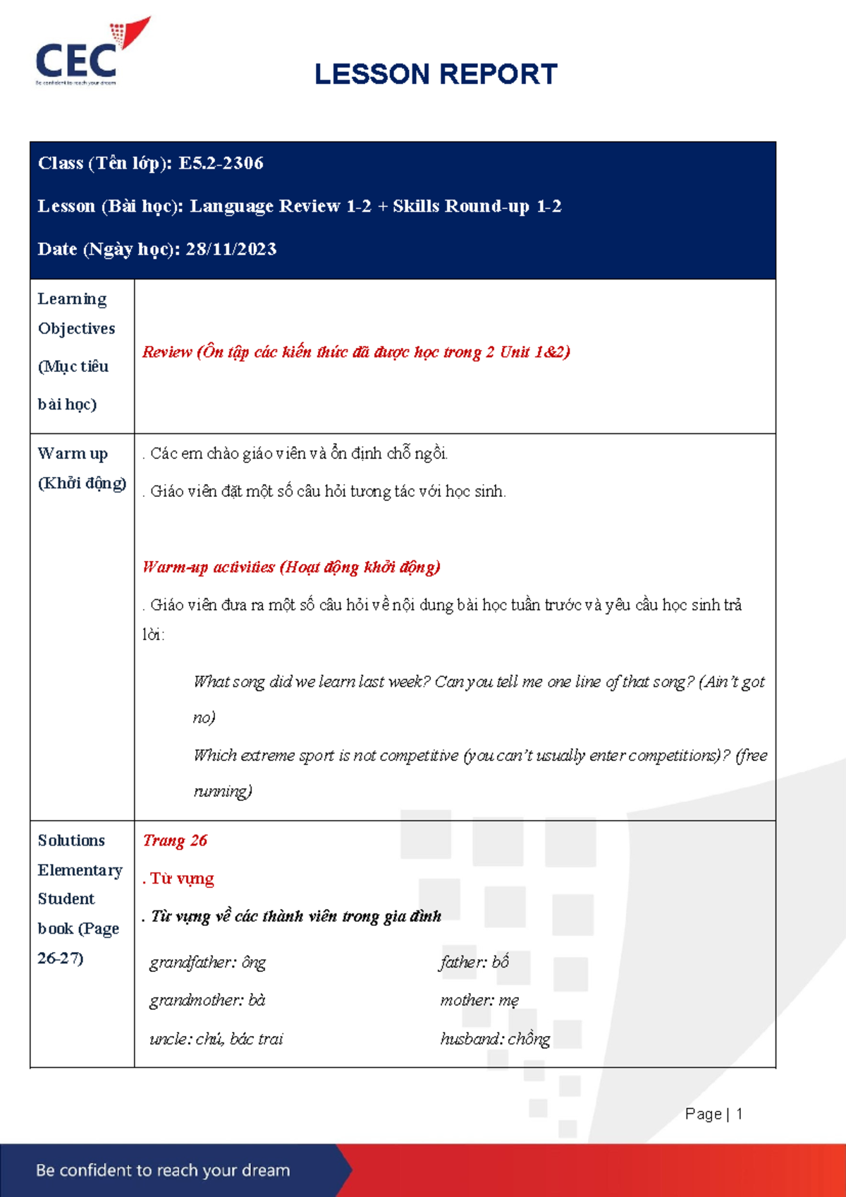 LESSON REPORT: Language Review Skills for Class 28.11 - Studocu