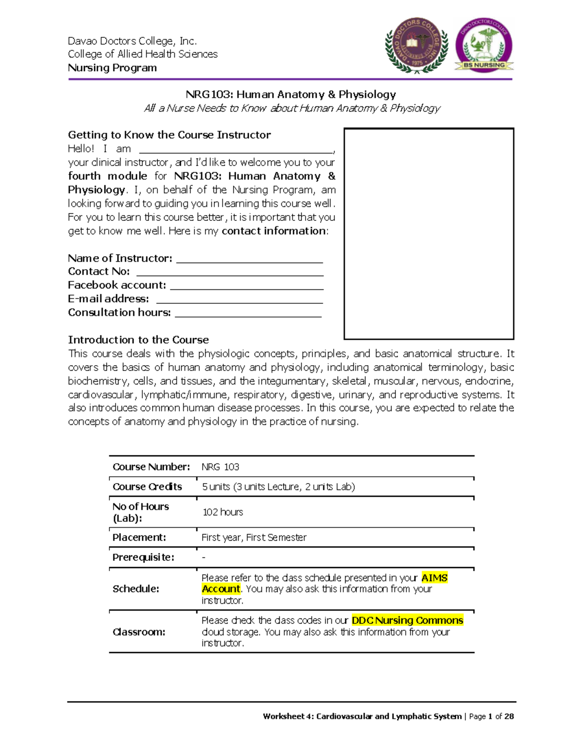 NRG103: Worksheet 4 - Cardiovascular and Lymphatic System - Studocu