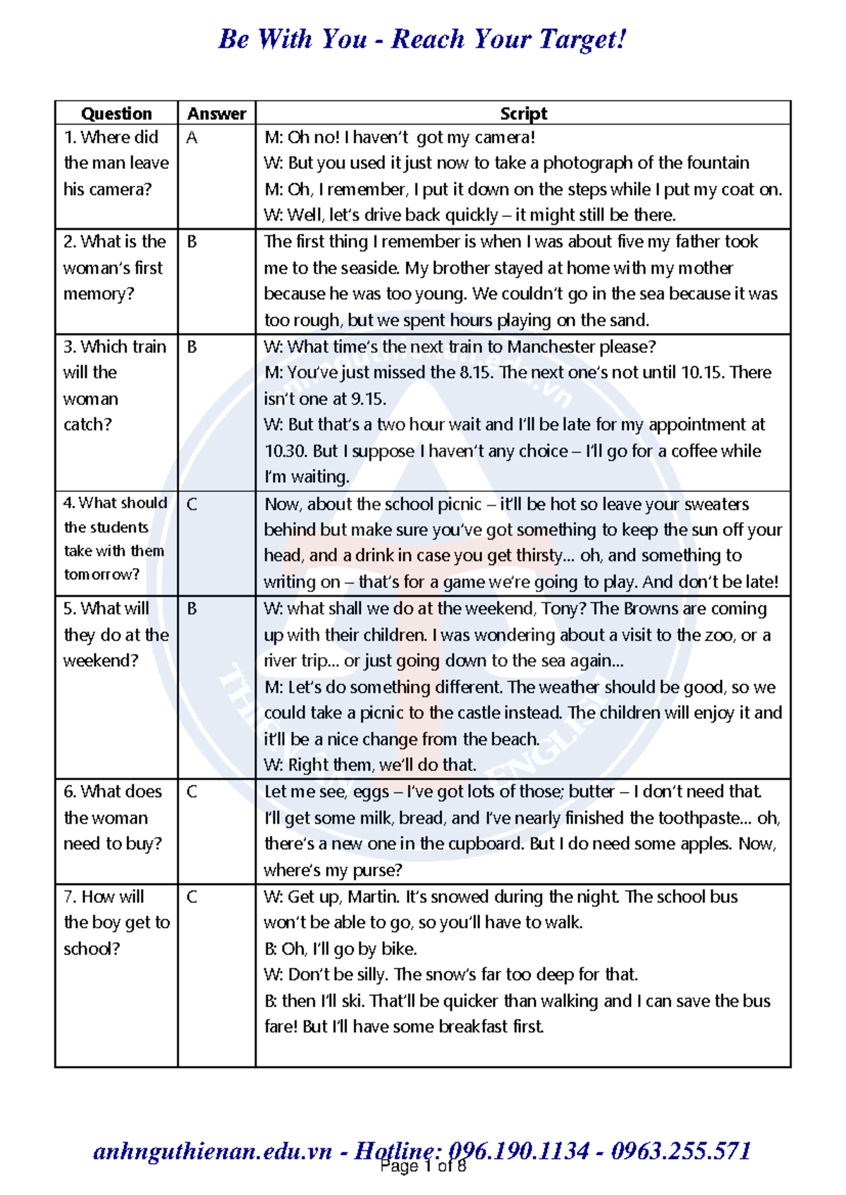 Answer & Script Test 1 - Listening Comprehension Practice - Studocu