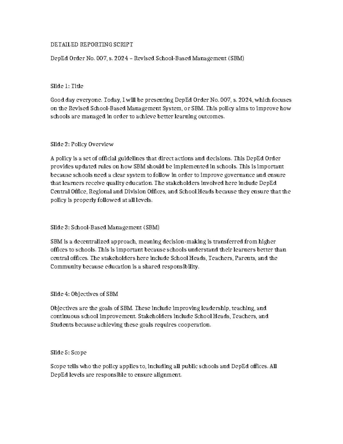 SBM Management System Overview: DepEd Order No. 007, s. 2024 - Studocu