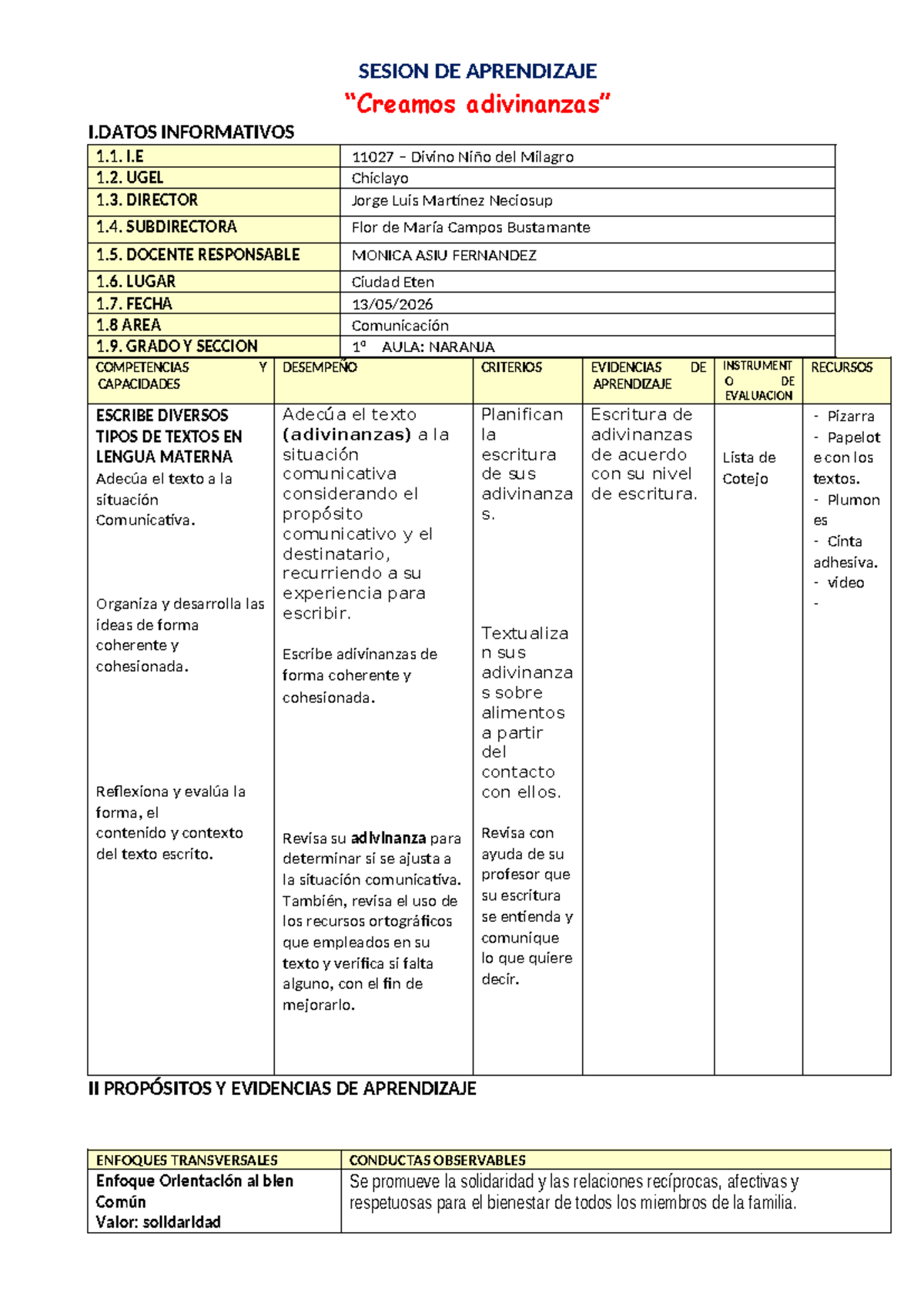 SESION DE APRENDIZAJE: ESCRIBIMOS ADIVINANZAS EN COMUNICACIÓN 1º - Studocu