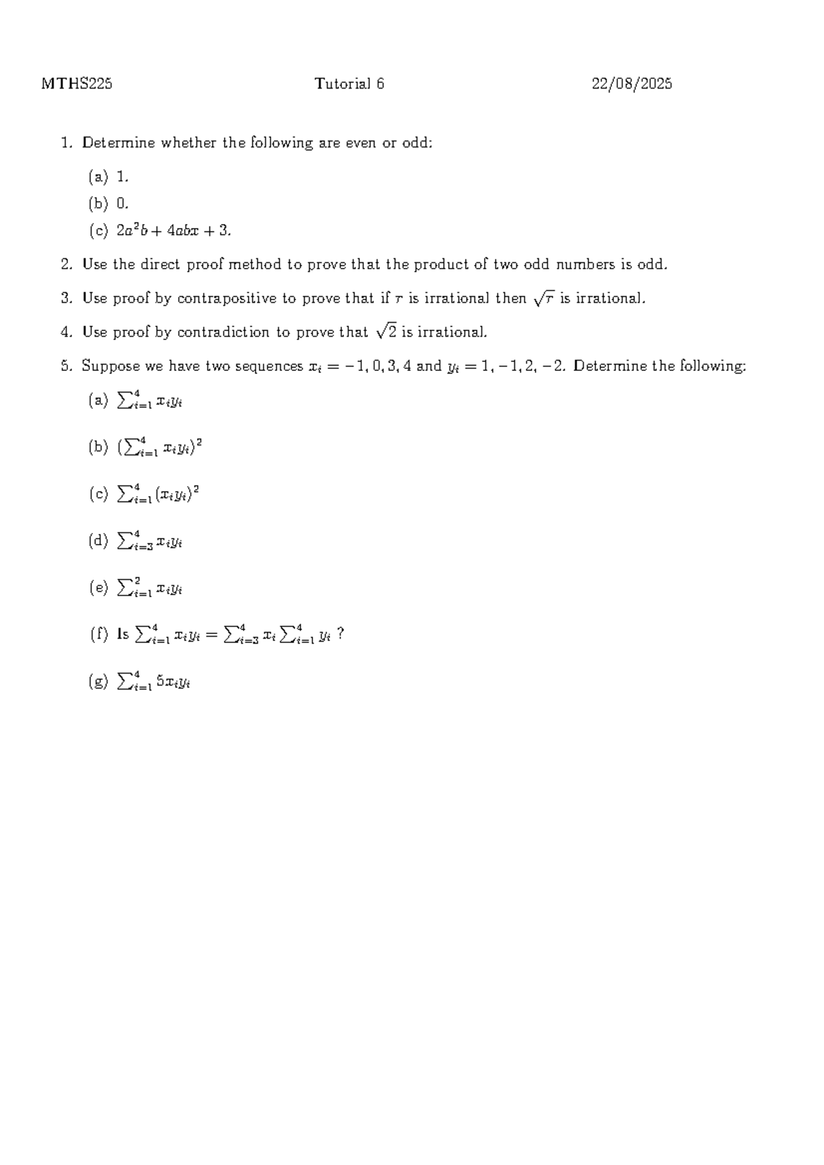 MTHS225 Tutorial 6: Even and Odd Numbers, Proof Techniques - Studocu
