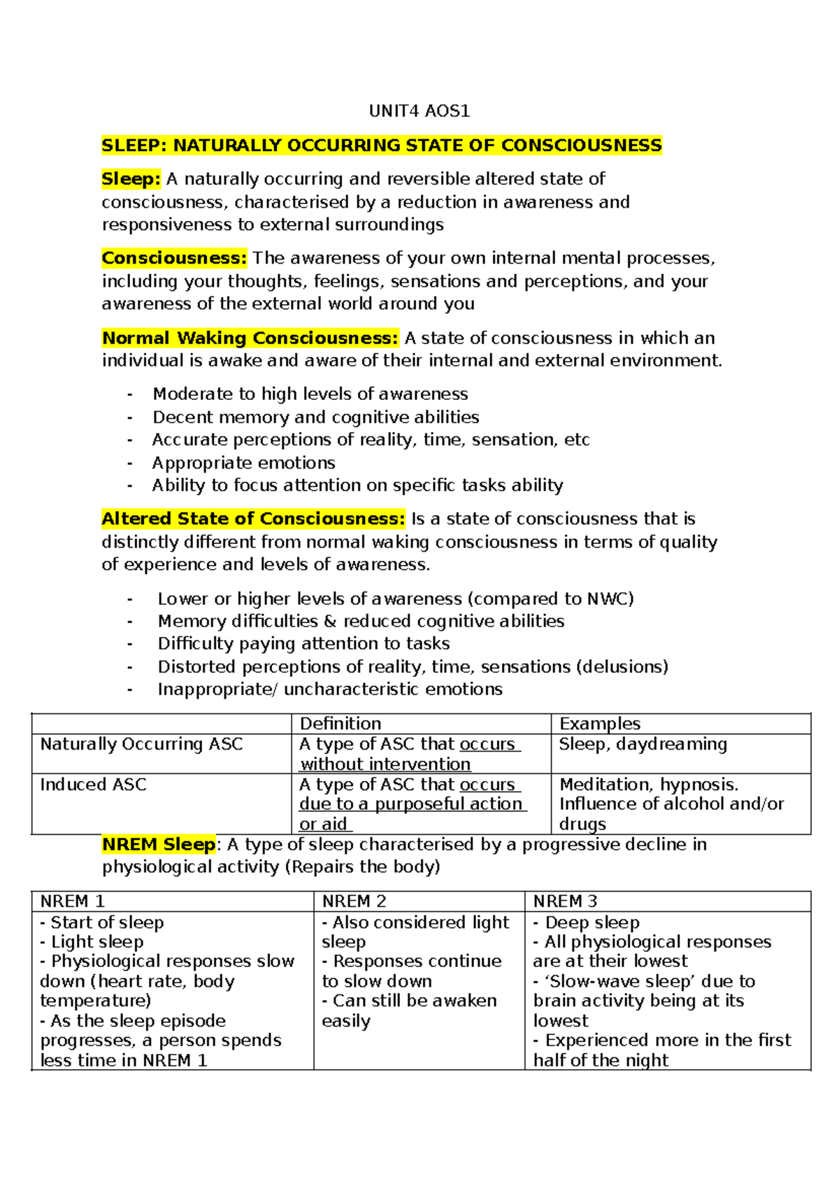 Unit 4 AOS 1 - Comprehensive Study Notes on Sleep - Studocu