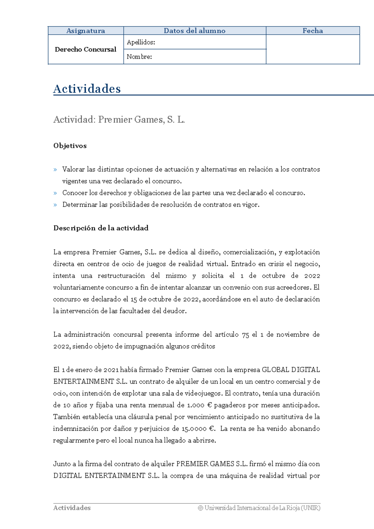 Derecho Concursal: Análisis de Contratos en Concurso (UNIR) - Studocu