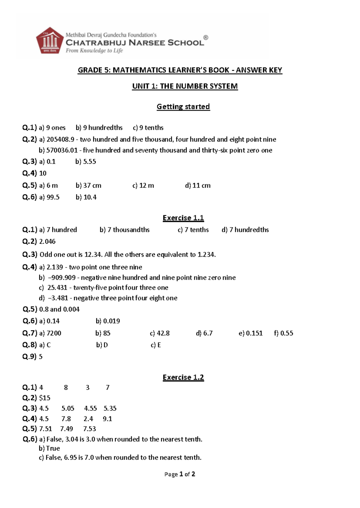 GRADE 5: MATH UNIT 1 ANSWER KEY - NUMBER SYSTEM - Studocu