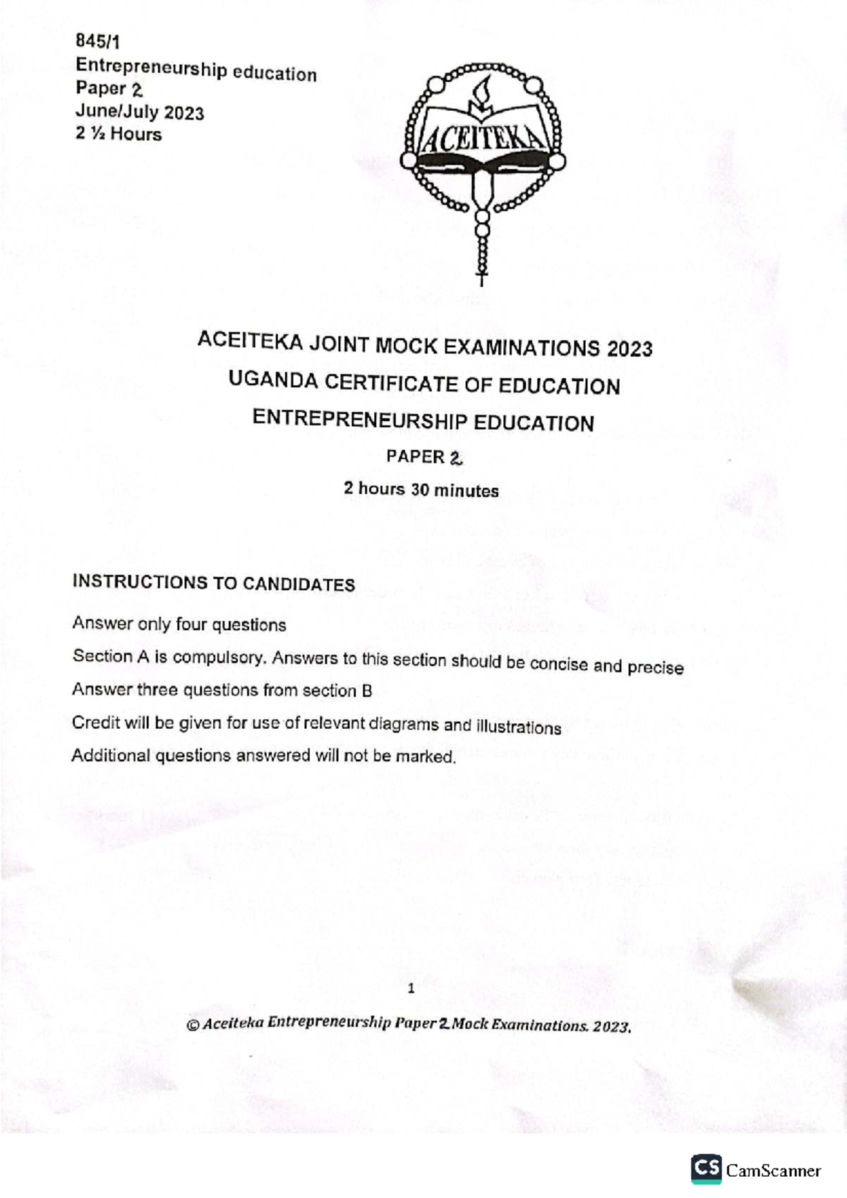 S4 ENT2 Entrepreneurship Education Paper 2 Mock Exam 2023 - Studocu
