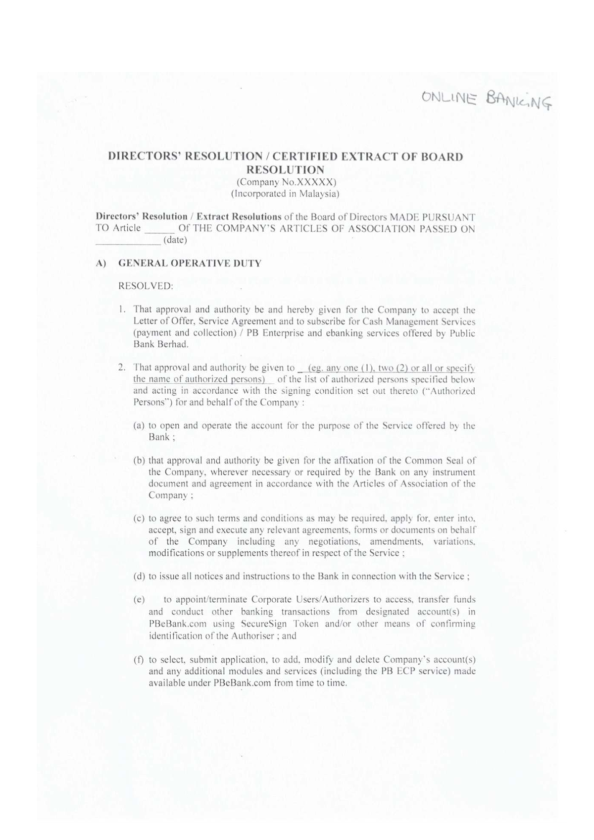 Director Resolution Sample for Online Banking (PB Enterprise) - Studocu